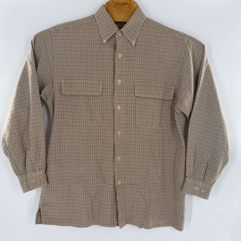 Rainforest Mens Large Brown Tan Micro Check Cotton Button Down Cargo Shirt L